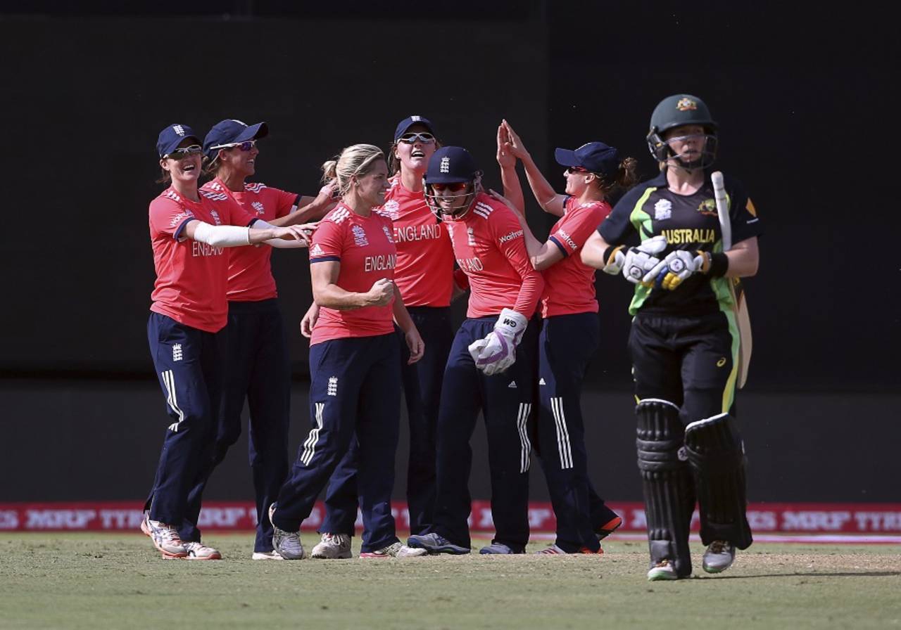 England players celebrate the run out of Meg Lanning, Australia v England, Women's World T20 2016, 1st semi-final, Delhi, March 30, 2016