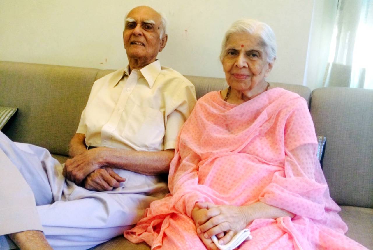 Deepak Shodhan, India's oldest living Test cricketer, with his wife Gauri in their home in Ahmedabad, March 2016
