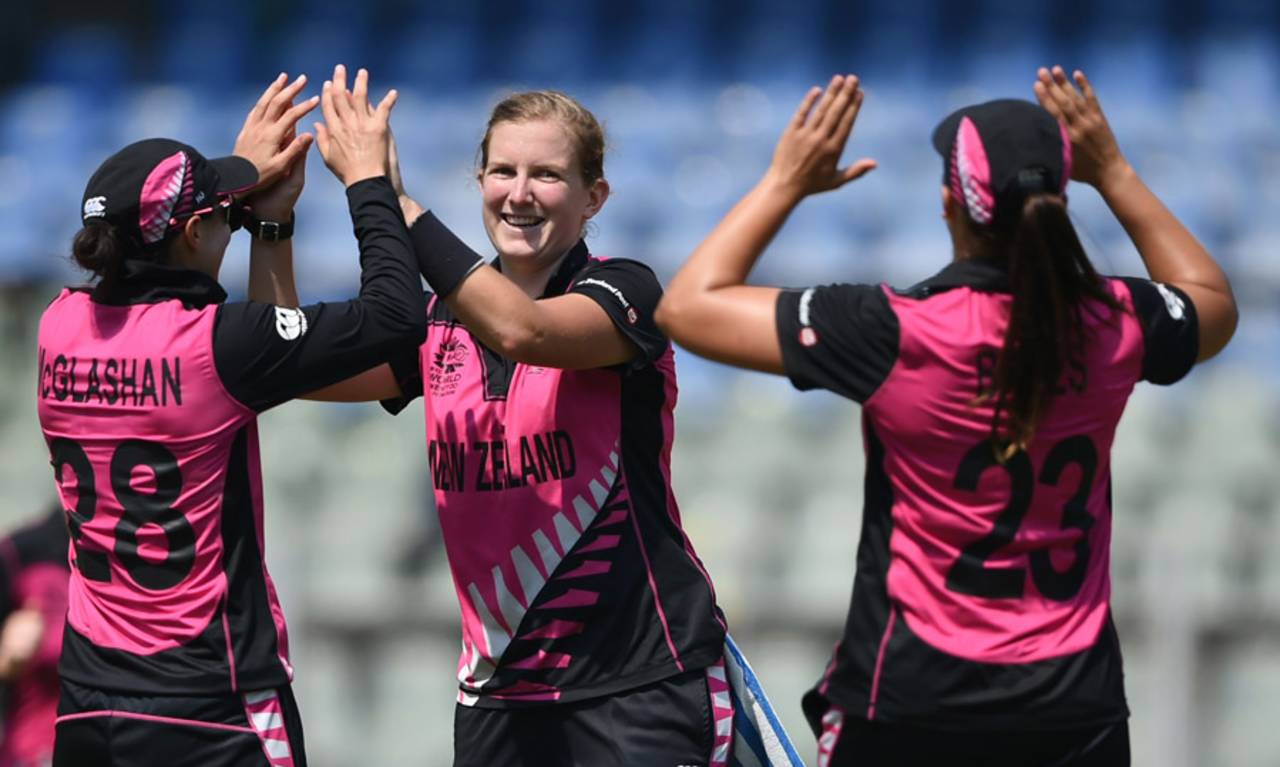 Morna Nielsen celebrates the wicket of Hayley Matthews, New Zealand v West Indies, Women's World T20, semi-final, Mumbai, March 31, 2016