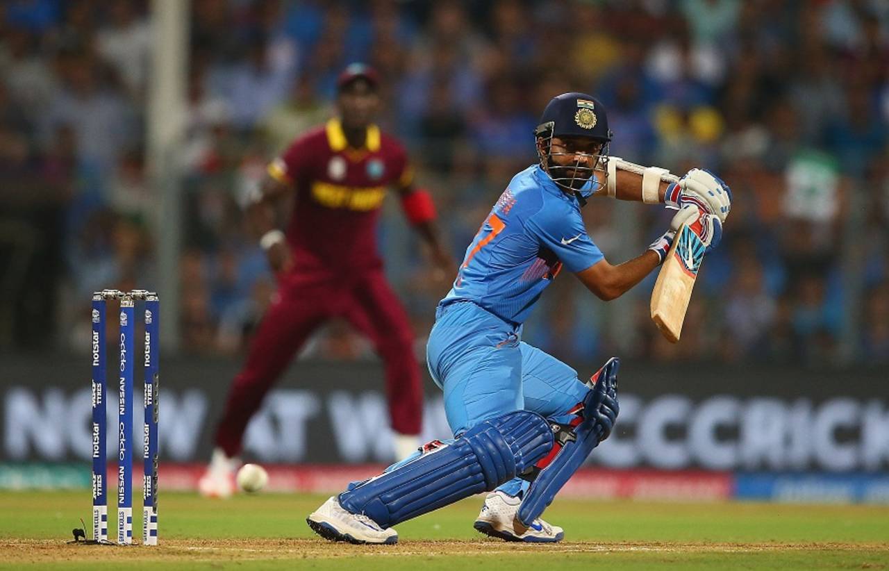 Ajinkya Rahane guides the ball towards third man, India v West Indies, World T20 2016, semi-final, Mumbai, March 31, 2016
