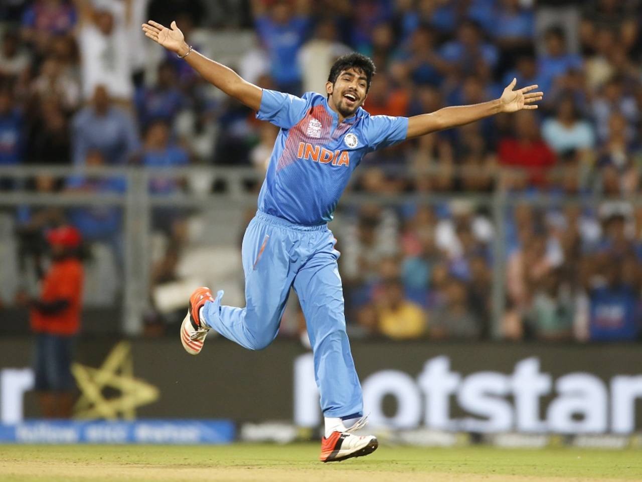 Jasprit Bumrah celebrates after removing Chris Gayle, India v West Indies, World T20 2016, semi-final, Mumbai, March 31, 2016