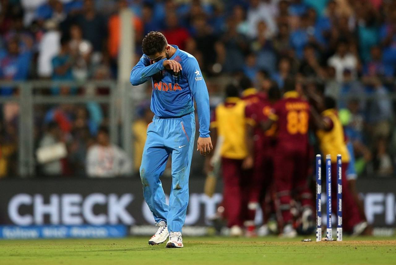 An emotional Virat Kohli walks off the field after India failed to make it to the final, India v West Indies, World T20 2016, semi-final, Mumbai, March 31, 2016