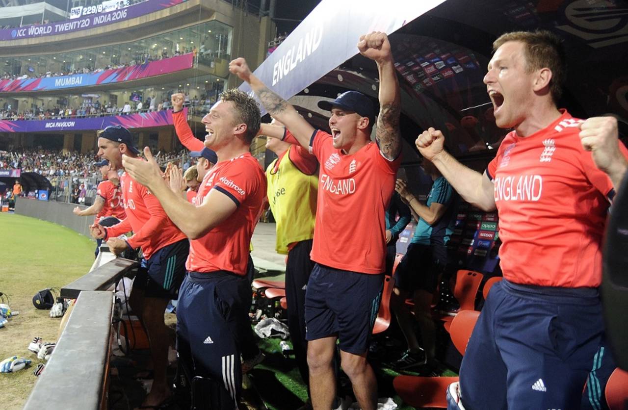 England players jump in delight after winning the match, England v South Africa, World T20 2016, Group 1, Mumbai, March 18, 2016