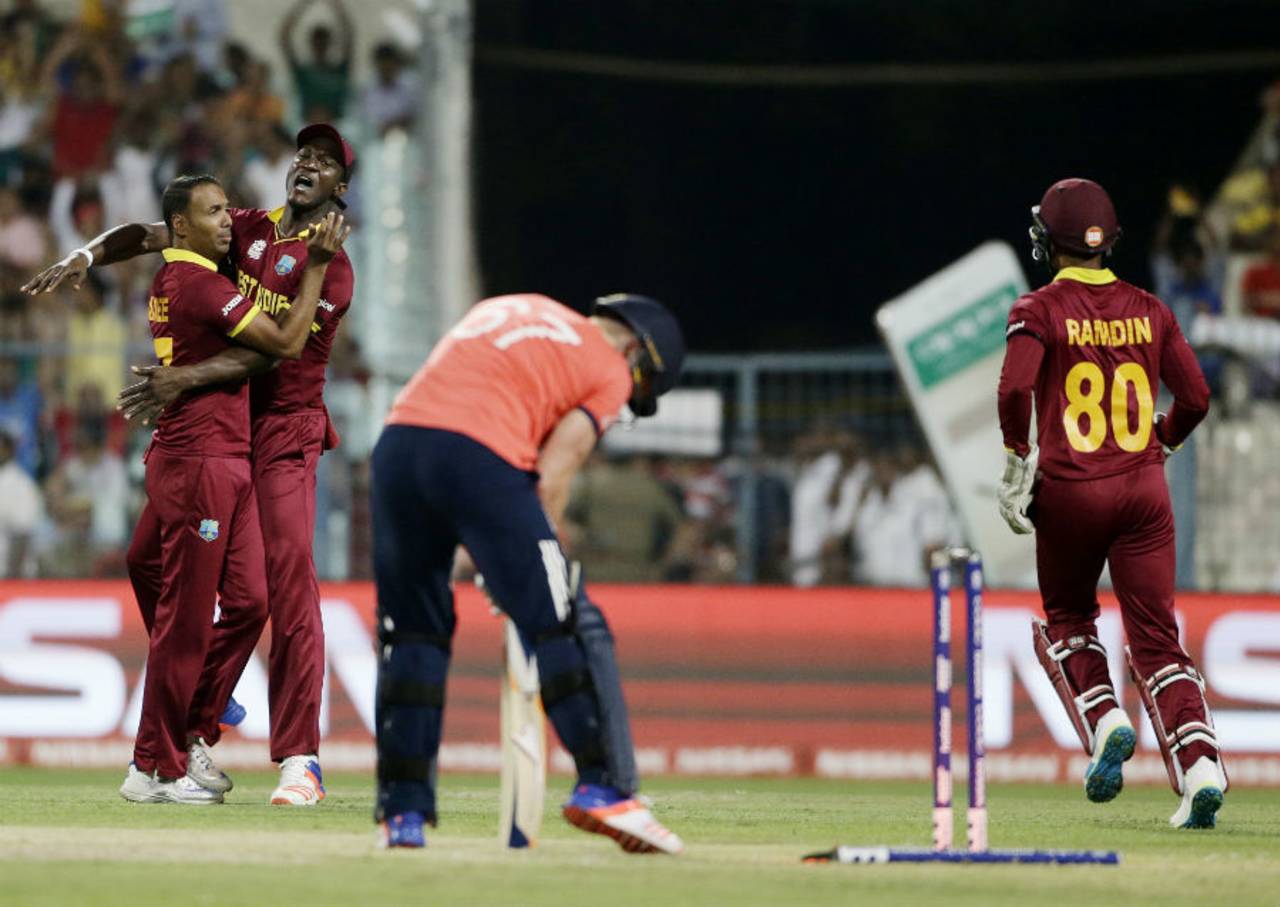 Jason Roy is deceived by a slider from Samuel Badree, England v West Indies, World T20, final, Kolkata, April 3, 2016