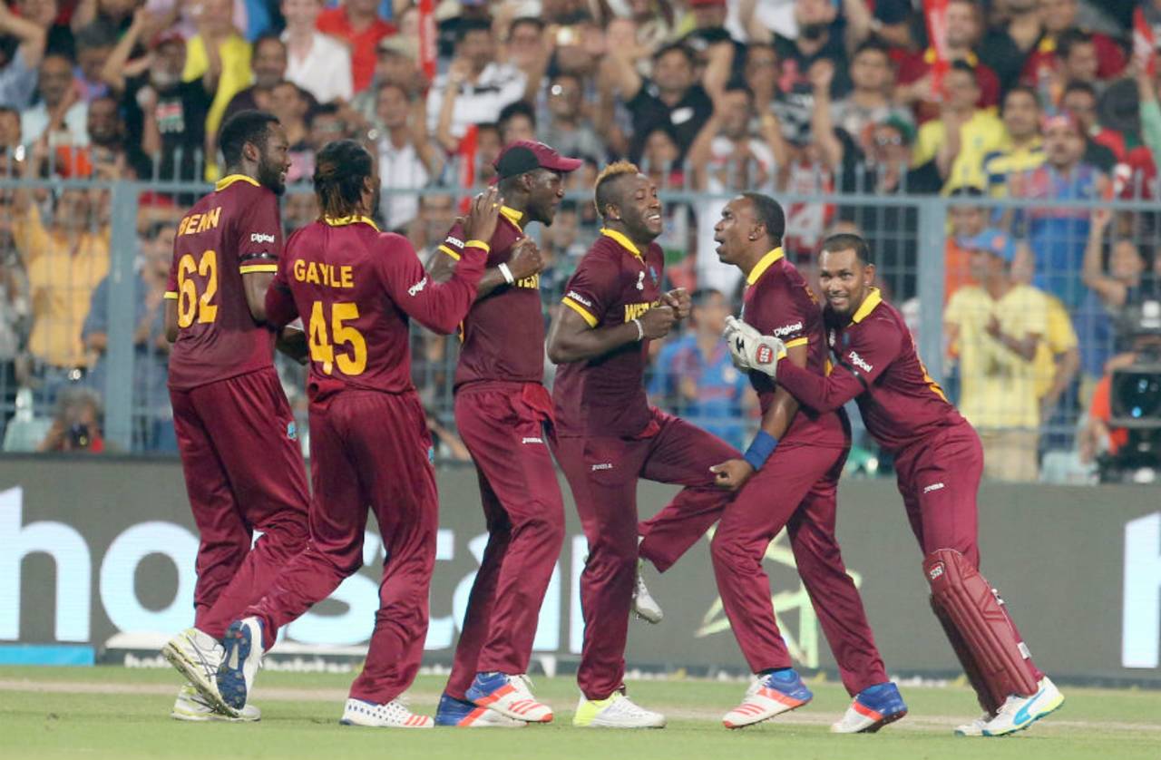 Dwayne Bravo and Andre Russell trigger wild celebrations after Ben Strokes' dismissal, England v West Indies, World T20, final, Kolkata, April 3, 2016 