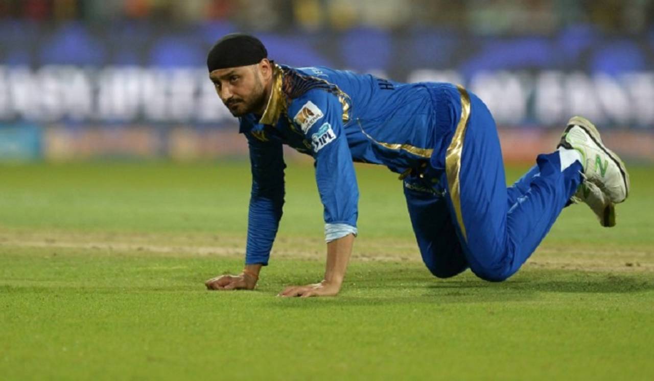 Harbhajan Singh looks on after failing to stop the ball, Kolkata Knight Riders v Mumbai Indians, IPL 2016, Kolkata, April 13, 2016