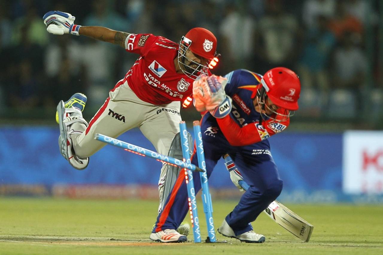 Kings XI Punjab faltered after being asked to bat on a slow surface, when M Vijay was run out after a mix-up with Manan Vohra&nbsp;&nbsp;&bull;&nbsp;&nbsp;BCCI