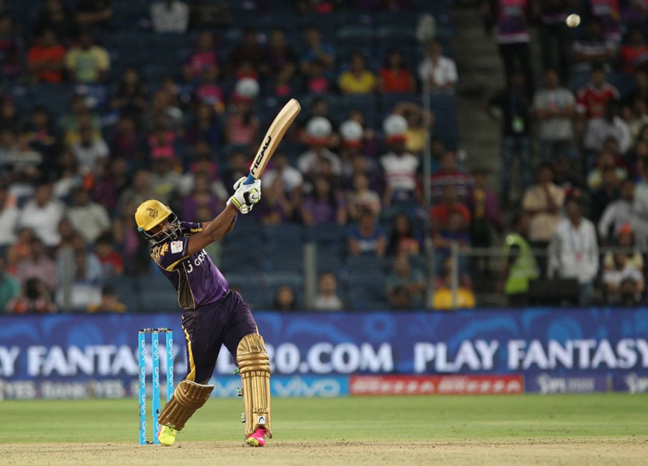R Sathish launches one over the long-on boundary, Rising Pune Supergiants v Kolkata Knight Riders, IPL 2016, Pune, April 24, 2016