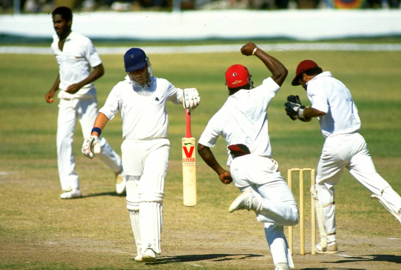 Paul Downton is dismissed by Michael Holding, West Indies v England, 1st Test, Kingston, 3rd day, February 23, 1986