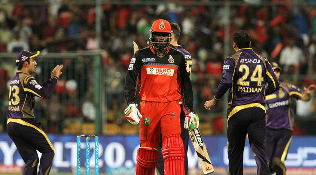 Chris Gayle walks back after being dismissed for 7 on his return to the side, Royal Challengers Bangalore v Kolkata Knight Riders, IPL 2016, Bangalore, May 2, 2016