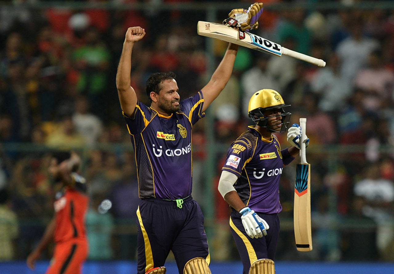 Yusuf Pathan exults after clinching a five-wicket win for Kolkata Knight Riders&nbsp;&nbsp;&bull;&nbsp;&nbsp;AFP