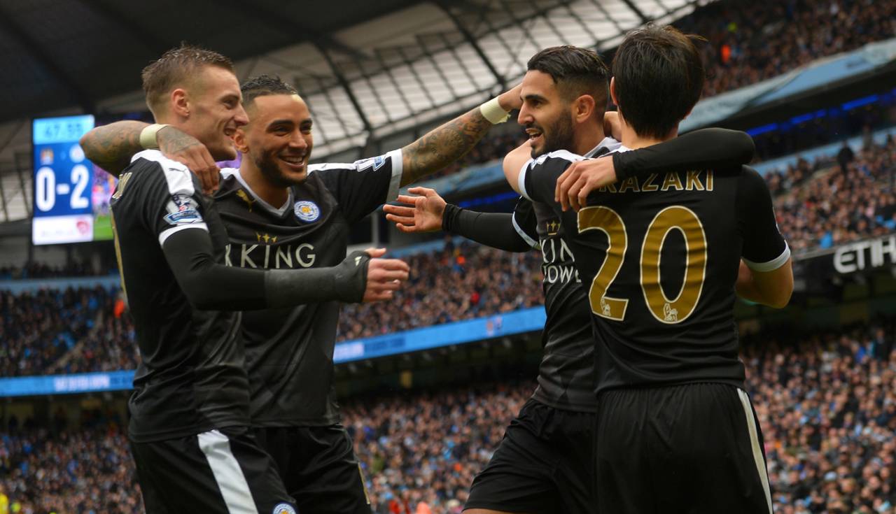 Leicester City players celebrate a goal, Manchester City v Leicester City, Barclays Premier League, Etihad Stadium, Manchester, February 6, 2016