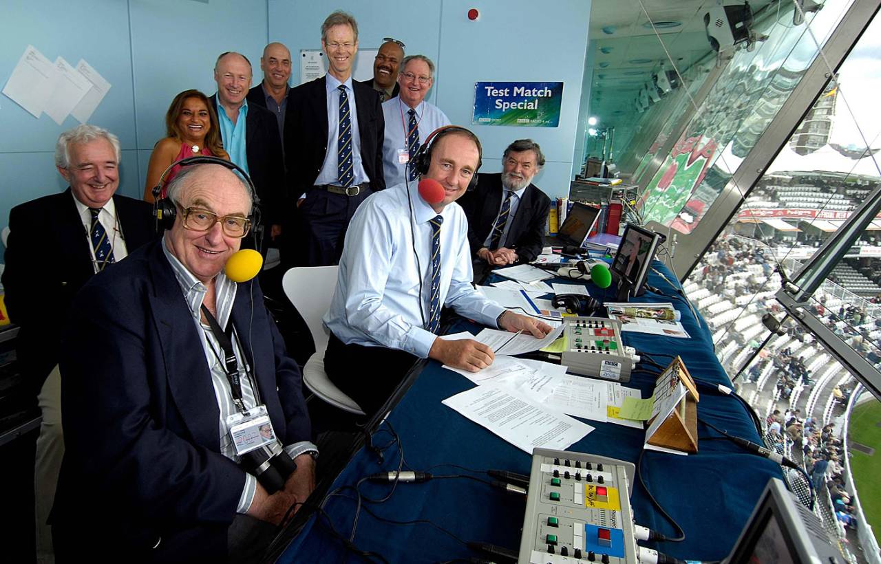 Tony Cozier (standing, far right), Christopher Martin-Jenkins (standing, third from right) and the rest of the Test Match Special team in 2007&nbsp;&nbsp;&bull;&nbsp;&nbsp;PA Photos