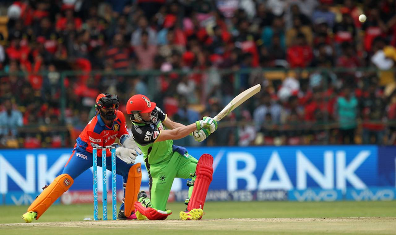 AB de Villiers hits a six over backward square leg, Royal Challengers Bangalore v Gujarat Lions, IPL 2016, Bangalore, May 14, 2016