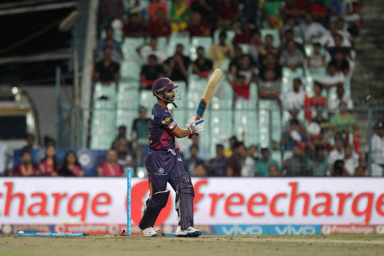 Soon after Rising Pune Supergiants opted to bat, Ajinkya Rahane was dismissed after a slog across the line of an Andre Russell delivery resulted in an inside edge onto his stumps&nbsp;&nbsp;&bull;&nbsp;&nbsp;BCCI