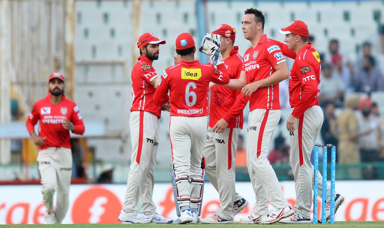Kyle Abbott is congratulated for the wicket of Kevin Pietersen, Kings XI Punjab v Rising Pune Supergiants, IPL 2016, Mohali, April 17, 2016