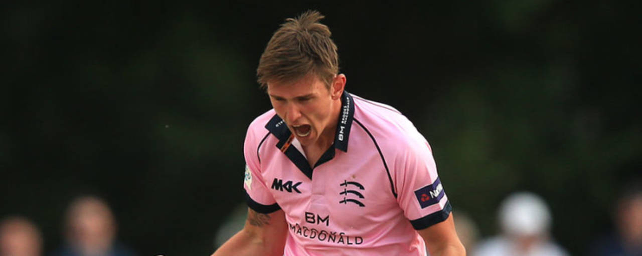 Harry Podmore celebrates a wicket, Middlesex v Hampshire, NatWest T20 Blast, South Group, Uxbridge, May 27, 2016