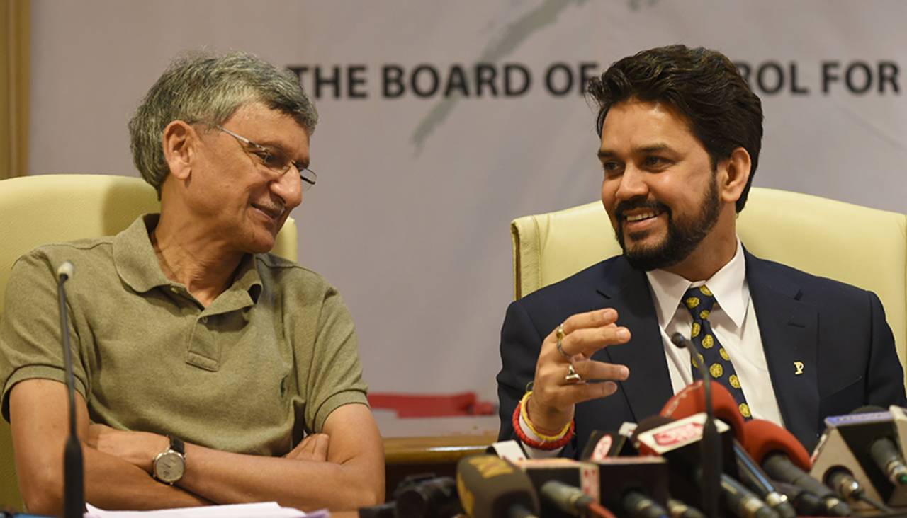 BCCI secretary Ajay Shirke and president Anurag Thakur speak to the press after the board's SGM, Mumbai, May 22, 2016