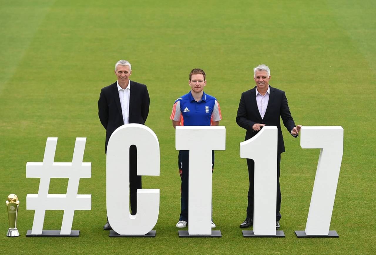 Steve Elworthy, Eoin Morgan and David Richardson during the Champions Trophy 2017 launch, The Oval, June 1, 2016