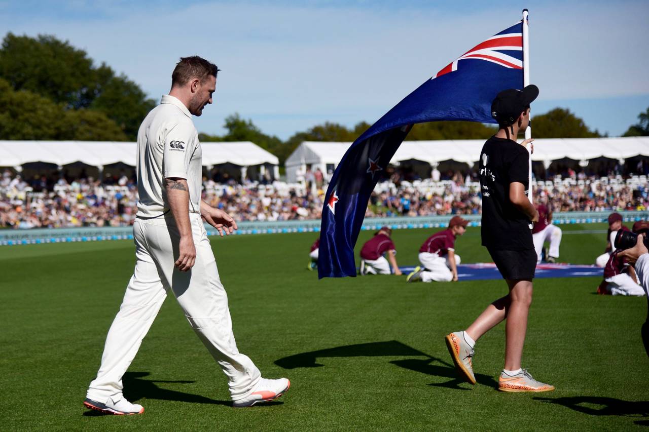 Brendon McCullum walks on to the field for the national anthems, New Zealand v Australia, second Test, day one, Christchurch, February 20, 2016