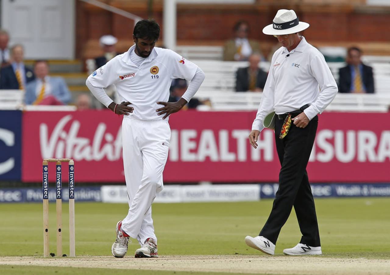Nuwan Pradeep was denied a wicket by Rod Tucker's no-ball call, England v Sri Lanka, 3rd Investec Test, Lord's, 4th day, June 12, 2016