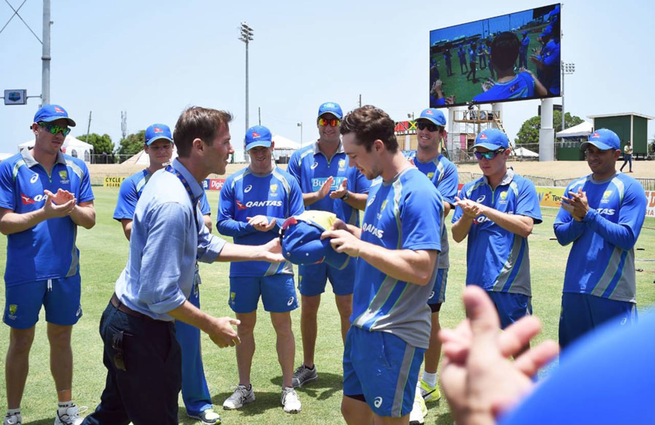 Damien Martyn handed Travis Head his ODI cap, West Indies v Australia, 5th match, ODI tri-series, Basseterre, June 13, 2016