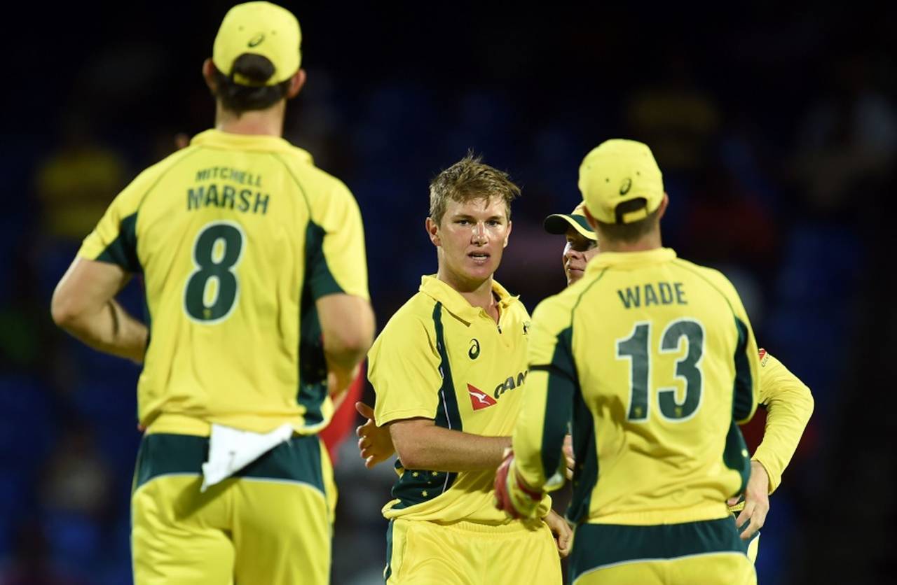 Adam Zampa is mobbed by his team-mates, West Indies v Australia, 5th match, ODI tri-series, Basseterre, June 13, 2016