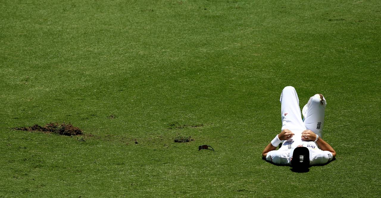 James Anderson lies on the field, Australia v England, 1st Test, Brisbane, 1st day, November 21, 2013
