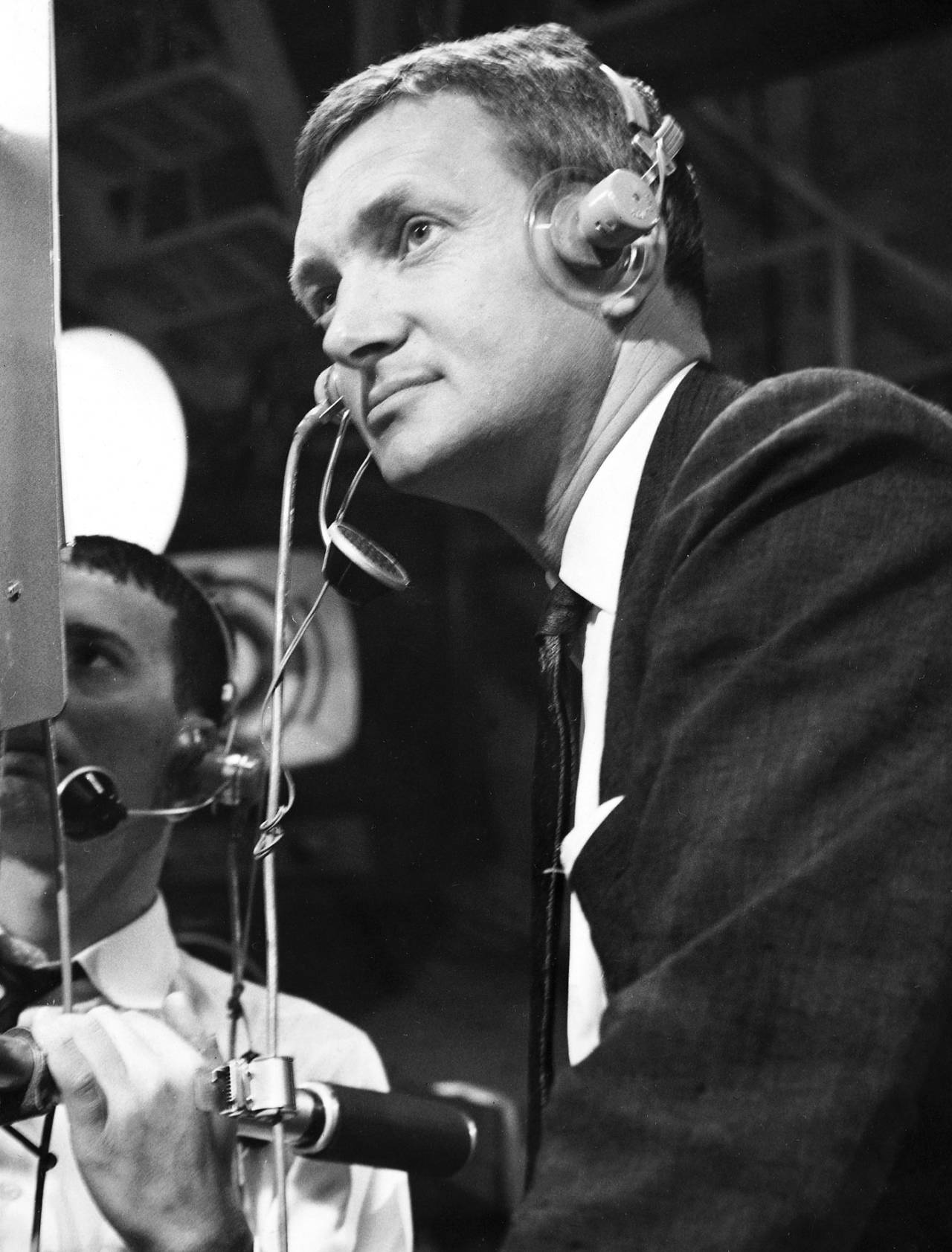 Richie Benaud rehearses at the Channel 7 studio in Sydney ahead of the match between Western Australia and the MCC in Perth, October 22, 1962