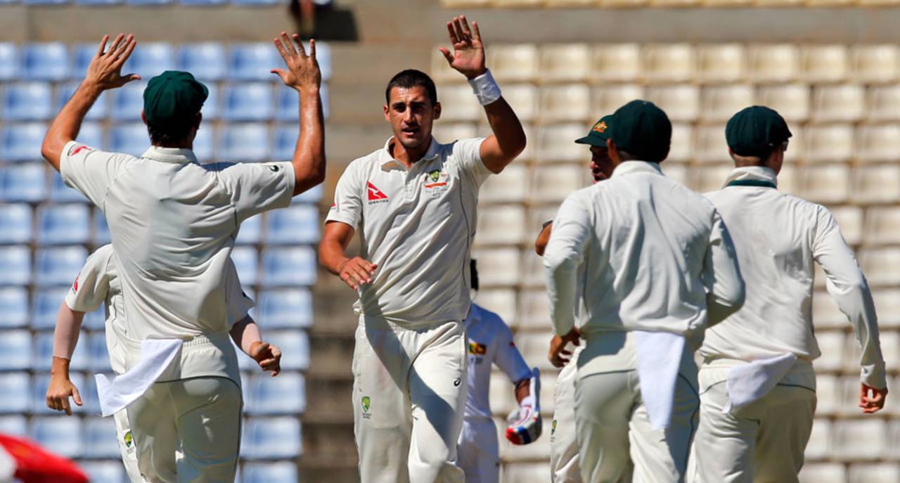 Resuming the third day at 6 for 1, Sri Lanka lost Dimuth Karunaratne off the third ball of the day as Mitchell Starc trapped him in front&nbsp;&nbsp;&bull;&nbsp;&nbsp;Associated Press