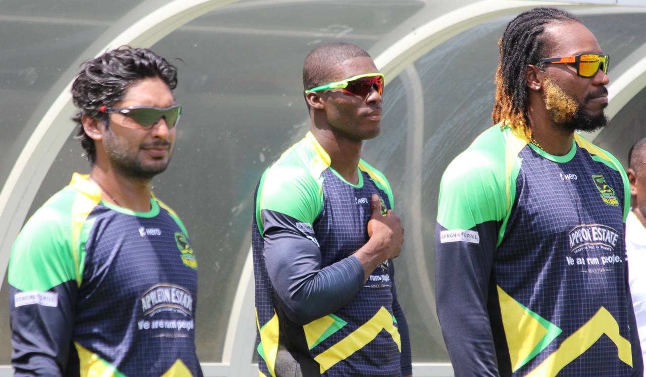 USA's Timroy Allen during the national anthem for his first home game in Florida, Jamaica Tallawahs v St Lucia Zouks, CPL 2016, Lauderhill, July 30, 2016