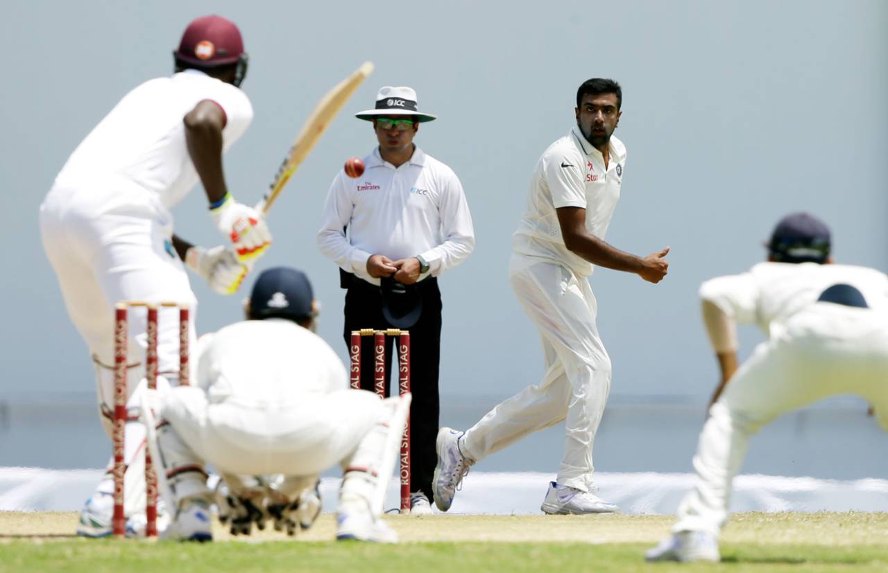 R Ashwin bowls, West Indies v India, 1st Test, Antigua, 4th day, July 24, 2016