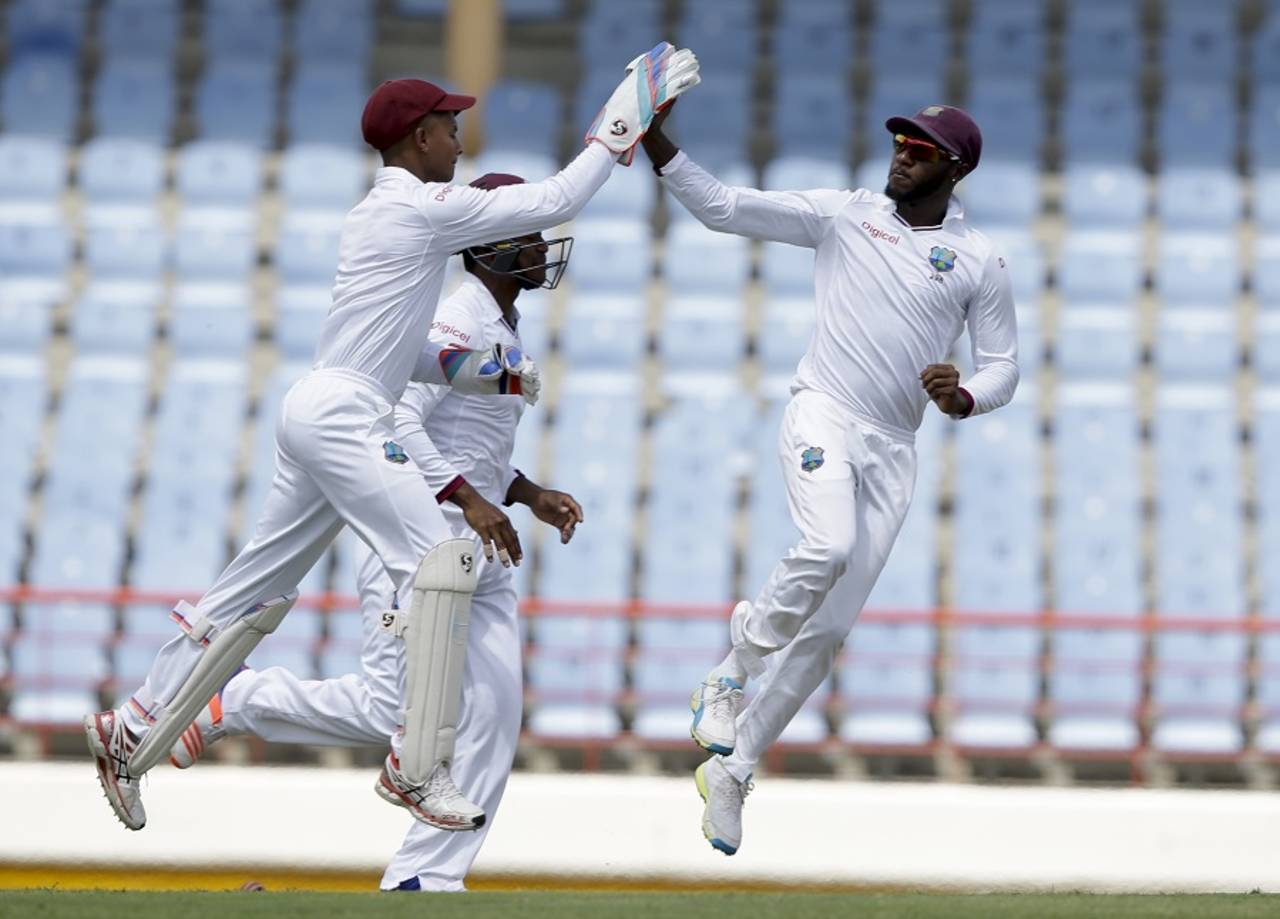 West Indies players celebrate after dismissing Shikhar Dhawan early, West Indies v India, 3rd Test, Gros Islet, 1st day, August 9, 2016