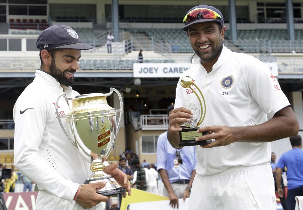 Virat Kohli poses with the series trophy, R Ashwin with the Man-of-the-series award,  West Indies v India, 4th Test, Port of Spain, 5th day, August 22, 2016
