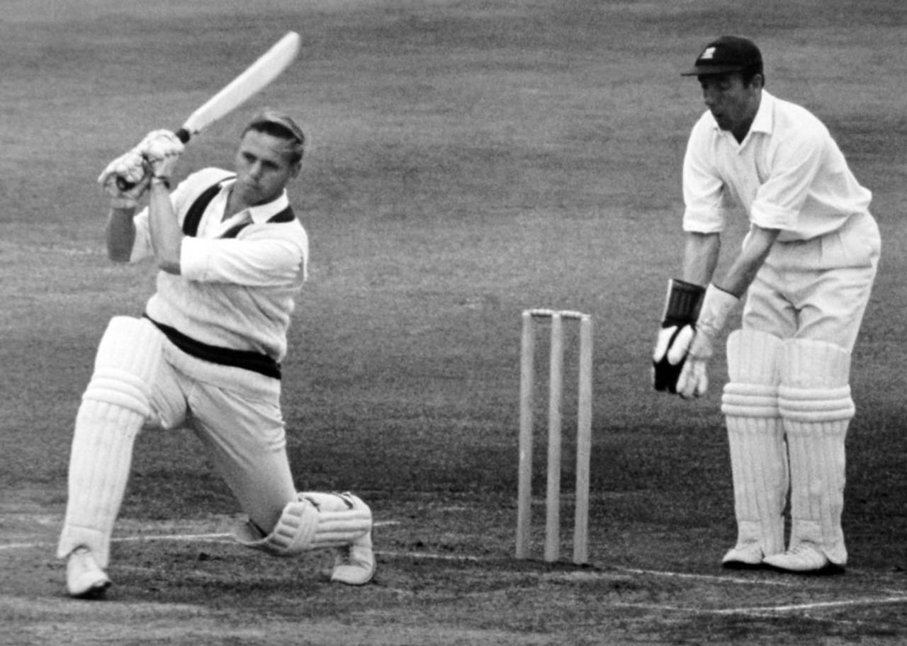 Ken Higgs hits down the ground, Middlesex v Lancashire, August 15, 1966