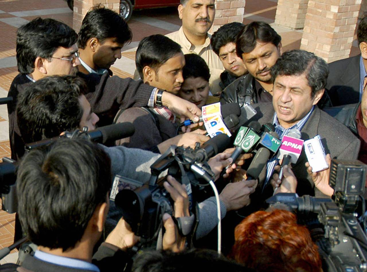 PCB chief selector Wasim Bari speaks to the media after announcing Pakistan's squad for the upcoming tour of India, Lahore, February 19, 2005