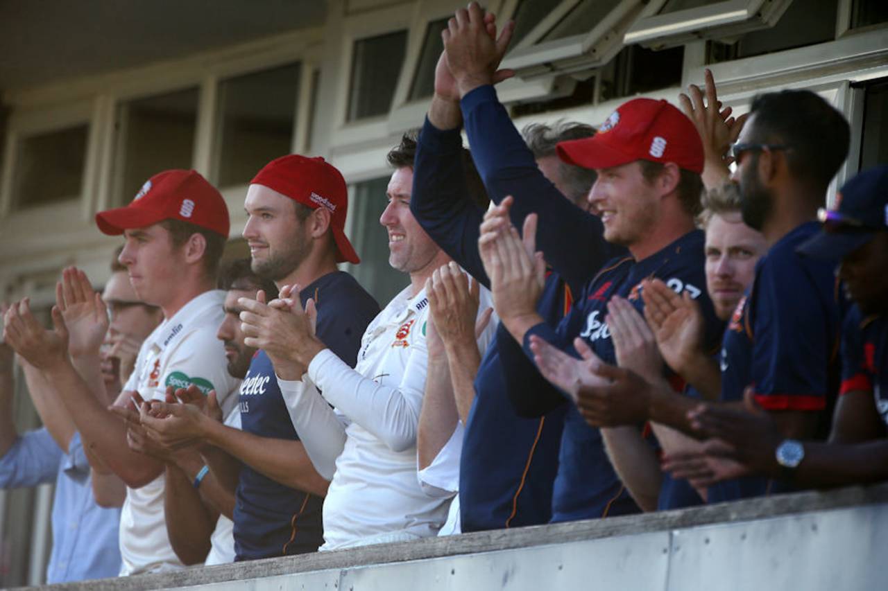 The Essex balcony rises to applaud the bonus point that secured promotion  from Division Two of the Championship, Essex v Glamorgan, Specsavers Championship Division Two, Chelmsford, September 