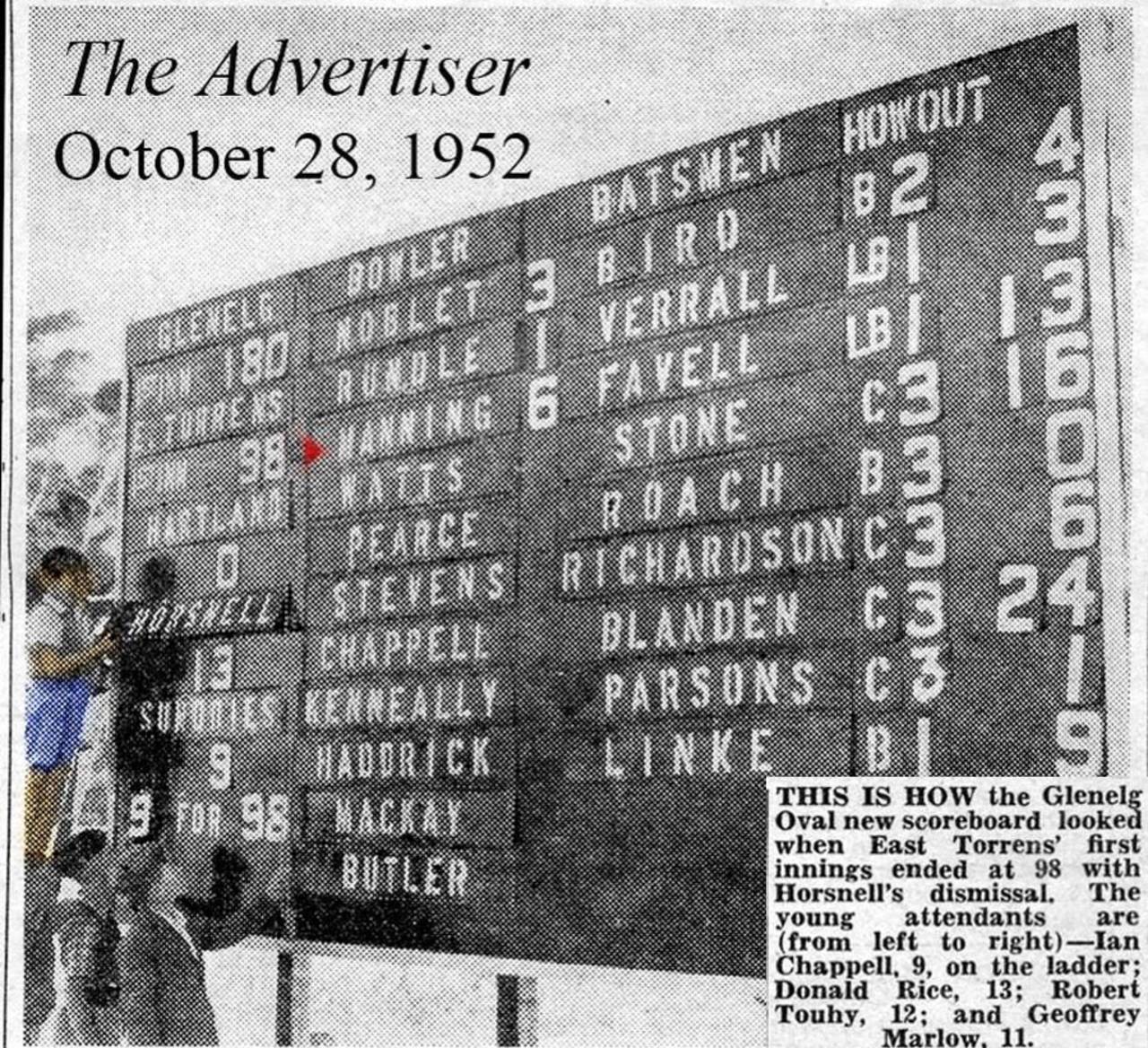 A clipping from the <i>Adelaide Advertiser</i> on the Glenelg Oval scorecard. Nine-year-old Ian Chappell stands on a ladder to make changes
