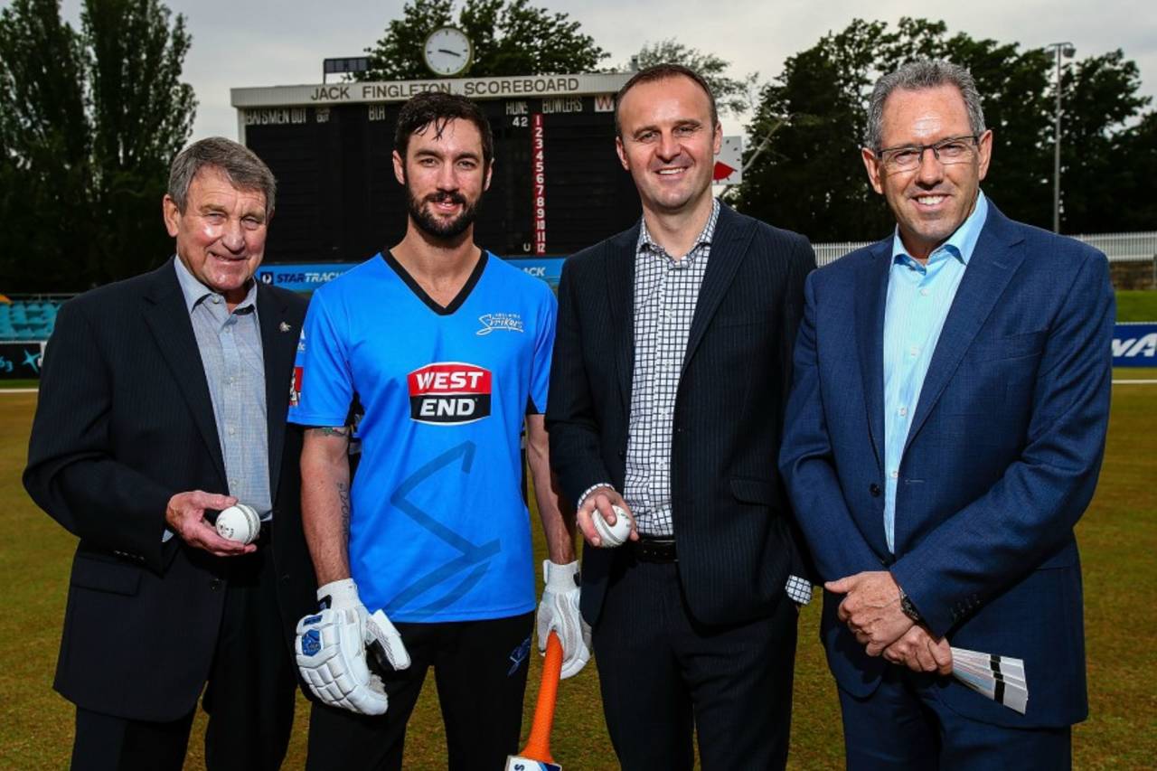 Cricket ACT Chairman Ian McNamee, Jono Dean, ACT Minister for Tourism and Events Andrew Barr and Mike McKenna at the launch of the BBL's ticket sale, Canberra, October 27, 2014