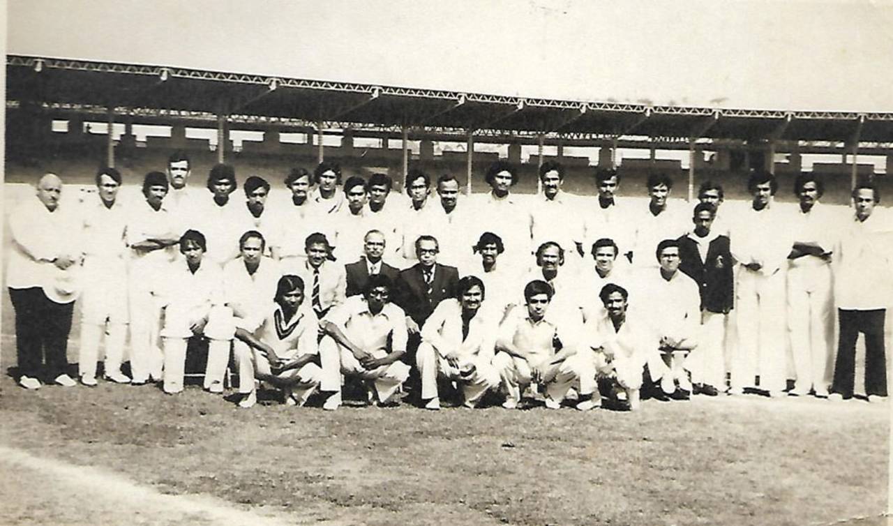 The Hyderabad and Bengal teams during a Ranji Trophy game in 1978. Vasan is standing sixth from right