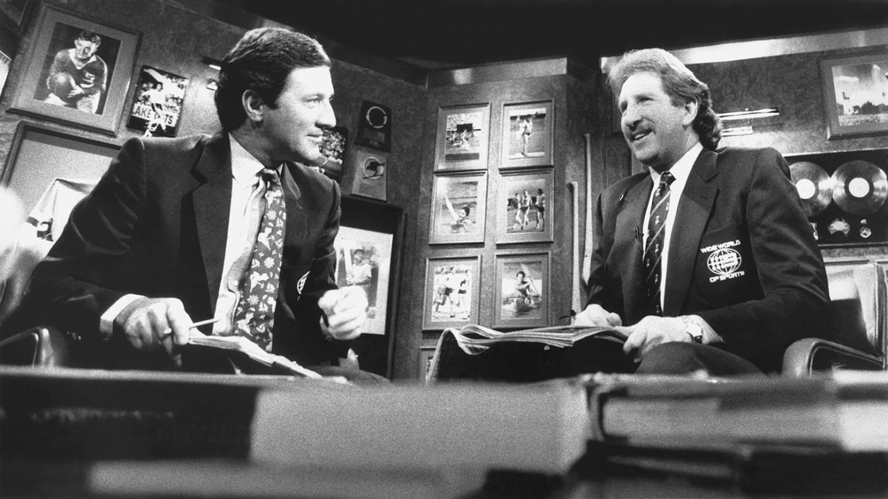 Ken Sutcliffe and Max Walker in Channel Nine's Wide World of Sports studio, Sydney, October 16, 1989