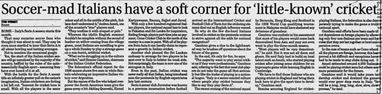 A 1997 Reuters report on interest in cricket in Italy