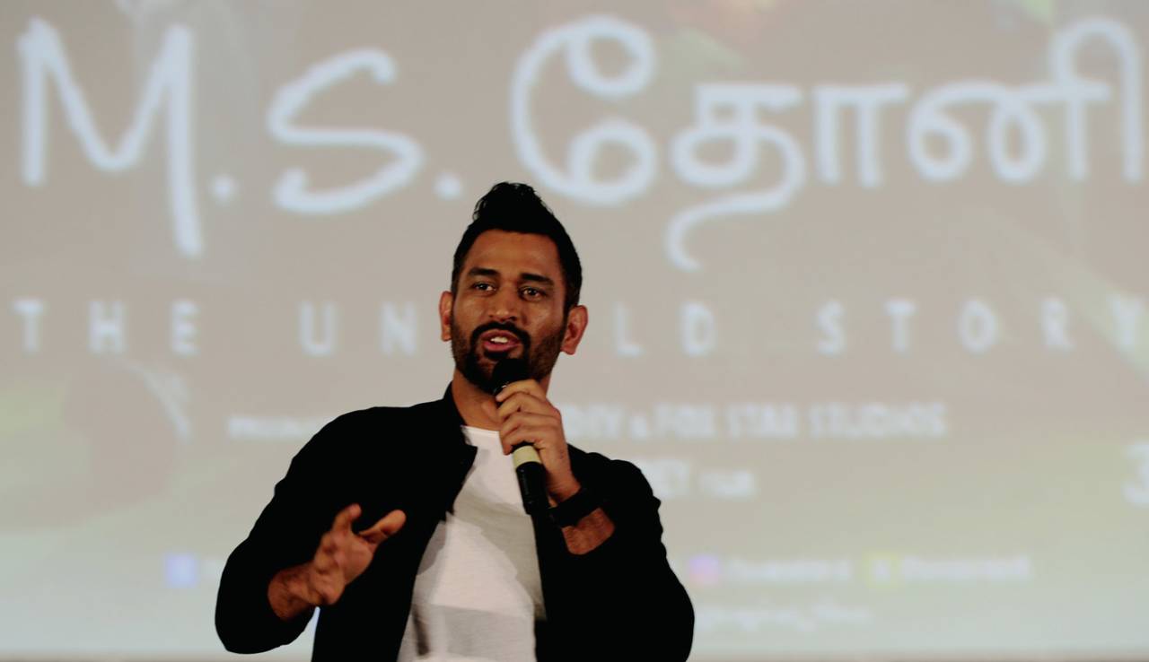 Dhoni talks about the film at a promotional event in Chennai&nbsp;&nbsp;&bull;&nbsp;&nbsp;AFP