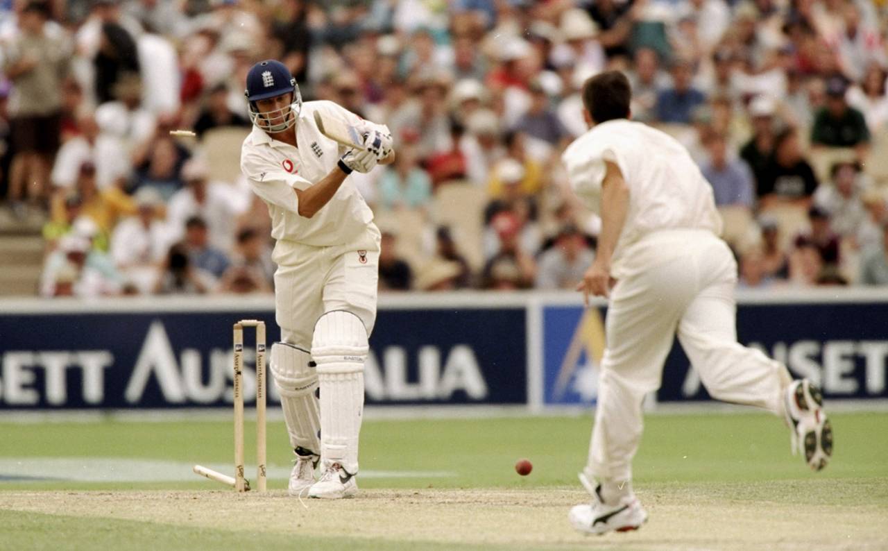 Alan Mullally is bowled by Damien Fleming for a duck, third Test, Australia v England, Adelaide, 11 December 1998
