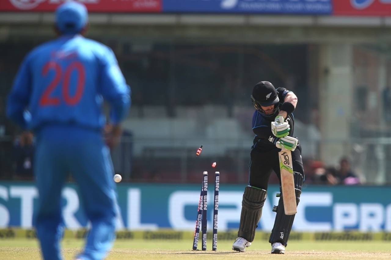 Martin Guptill played down the wrong line of an outswinger, India v New Zealand, 2nd ODI, Delhi, October 20, 2016