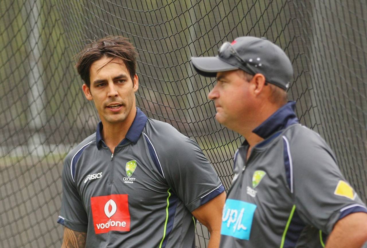 Mitchell Johnson with Australia coach Mickey Arthur, December 24, 2012