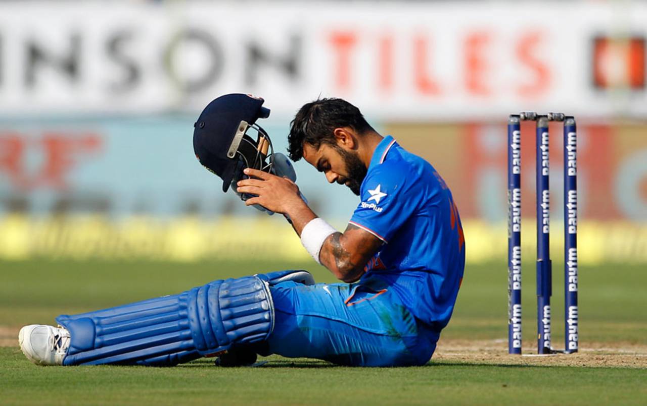 Virat Kohli hates getting only a single when he can run two; this time, it was because he slipped at the non-striker's end&nbsp;&nbsp;&bull;&nbsp;&nbsp;Associated Press