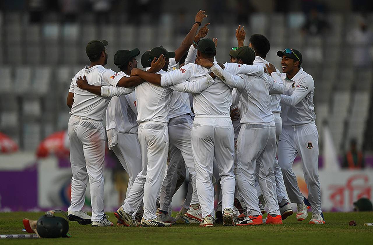 Bangladesh's cricketers celebrate a famous victory over England, Bangladesh v England, 2nd Test, Mirpur, 3rd day, October 30, 2016