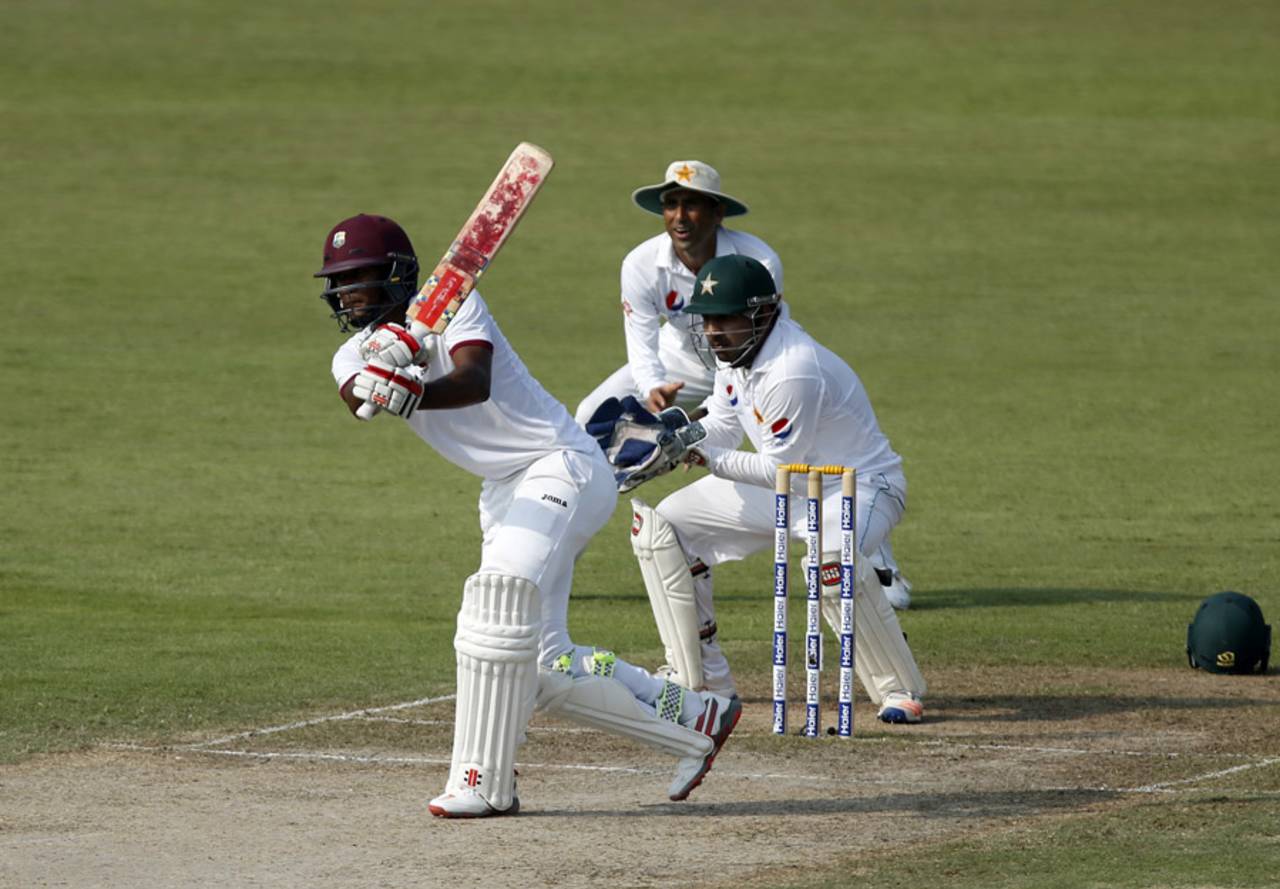 Kraigg Brathwaite advances down the track, Pakistan v West Indies, 3rd Test, Sharjah, 2nd day, October 31, 2016