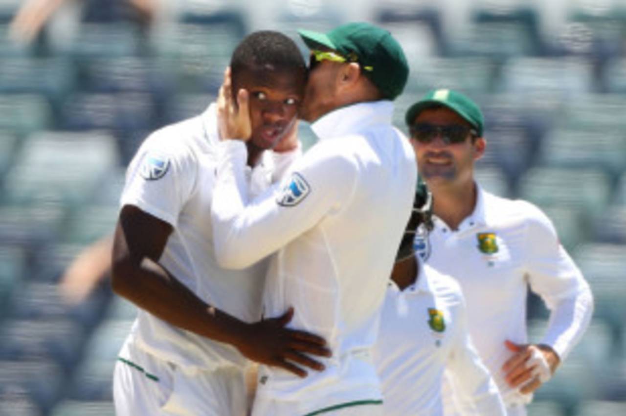 Faf du Plessis kisses Kagiso Rabada after the bowler took his fifth wicket&nbsp;&nbsp;&bull;&nbsp;&nbsp;Cricket Australia/Getty Images